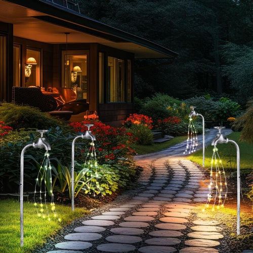 9007371529193 - Solar Wasserhahn Deko Garten Wasserhahn mit Licht Außen Solar Gartenstecker für Außen Metall silber 60x LED warmweiß LxBxH 13x45x53 cm 4er Set