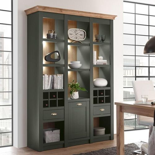 4251581575593 - Lomadox - Landhaus Buffet Regalschrank CINCINNATI-61 in grün mit Wotaneiche inkl led b h t 147 207 45cm - braun