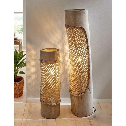 4260757279852 - Dekoleidenschaft - Stehlampe Artesania 60 cm hoch aus Holz & Weide grau Bodenlampe Deko Standleuchte