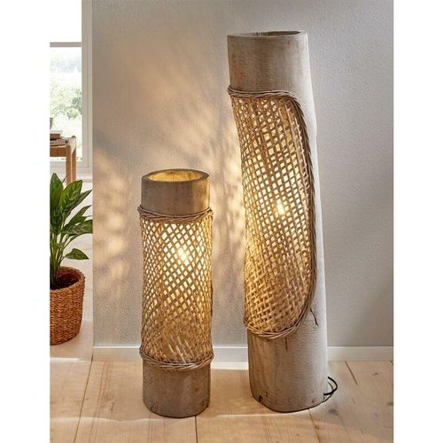 4260757279845 - Dekoleidenschaft - Stehlampe Artesania 100 cm hoch aus Holz & Weide grau Bodenlampe Deko Standleuchte
