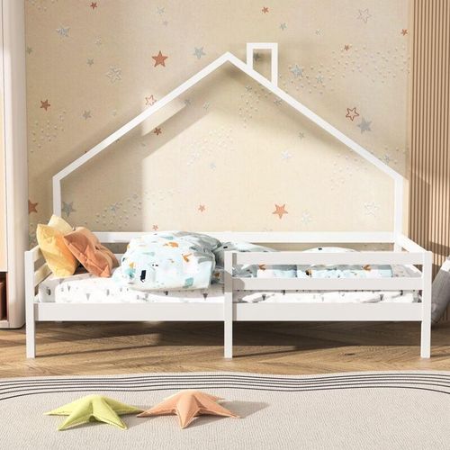 5053588584009 - Tanant - Hausbetten 90x200 cm mit Fallschutz kaminförmig Kiefer massiv Lattenrost Flachbett Kinderbett weiß