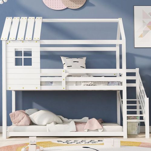 0755793389909 - QHJ - Etagenbett Bett mit Ecktreppe Hausbett Kinderbett mit Fallschutz und Gitter mit Fenster Rahmen aus Kiefer wei (200x90cm) 0755793389909 - QHJ - Etagenbett Bett mit Ecktreppe Hausbett Kinderbett mit Fallschutz und Gitter mit Fenster Rahmen aus Kiefer wei (200x90cm)