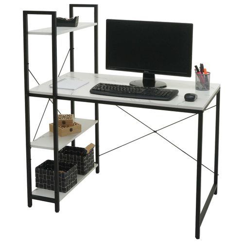 4057651880181 - Schreibtisch mit Regal MCW-K81 Laptoptisch Bürotisch Arbeitstisch 100x60cm Metall MDF ~ Marmor-Optik weiß