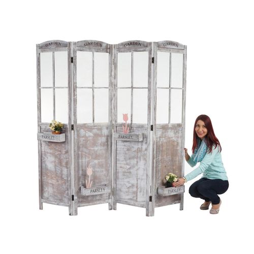4057651604862 - Paravent MCW-M66 Raumteiler Trennwand Sichtschutz Pflanzkörbe 4 Paneele Shabby-Look 170x180x22cm braun-grau 4057651604862 - Paravent MCW-M66 Raumteiler Trennwand Sichtschutz Pflanzkörbe 4 Paneele Shabby-Look 170x180x22cm braun-grau