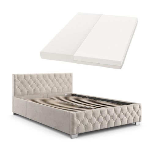 4260565527824 - Polsterbett Nizza 120x200 cm mit Matratze - Bettgestell mit Lattenrost Stauraum & led Beleuchtung – Samtbezug Chesterfield-Steppung - Beige - Juskys 4260565527824 - Polsterbett Nizza 120x200 cm mit Matratze - Bettgestell mit Lattenrost Stauraum & led Beleuchtung – Samtbezug Chesterfield-Steppung - Beige - Juskys