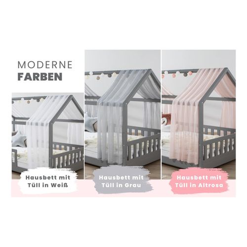 4251105976608 - TiCAA Hausbett mit Tüll Kim 90x200 cm 100x200 cm 120x200 cm 140x200 für Jungen & Mädchen inkl Rolllattenrost Rausfallschutz variabel Montessori Bett Hellgrau aus Kiefer Massivholz