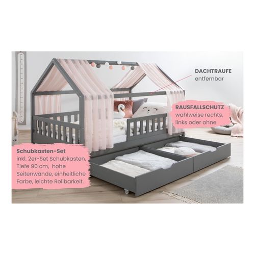 4251105976721 - TiCAA Hausbett mit Tüll Kim 90x200 cm 100x200 cm 120x200 cm 140x200 cm für Jungen & Mädchen inkl Rolllattenrost Schubkasten und Rausfallschutz variabel Hellgrau aus Kiefer Massivholz