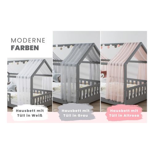 4251105976899 - TiCAA Hausbett mit Tüll Kim 90x200 cm 100x200 cm 120x200 cm 140x200 für Jungen & Mädchen inkl Rolllattenrost Zusatzbett und Rausfallschutz variabel Hellgrau aus Kiefer Massivholz 4251105976899 - TiCAA Hausbett mit Tüll Kim 90x200 cm 100x200 cm 120x200 cm 140x200 für Jungen & Mädchen inkl Rolllattenrost Zusatzbett und Rausfallschutz variabel Hellgrau aus Kiefer Massivholz