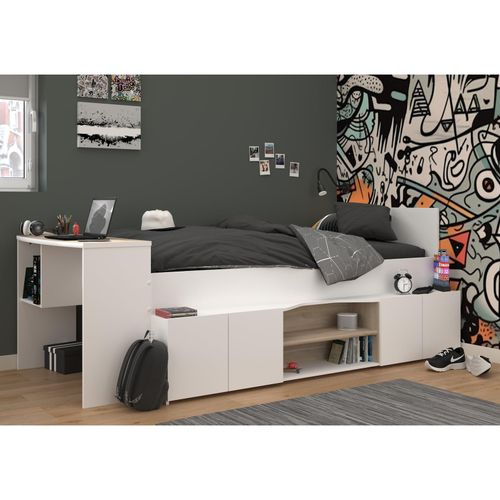 3480940301097 - - Kombibett mit Schreibtisch & Stauraum - 90 x 190 200 cm - Weiß & Holzfarben - jochiane 3480940301097 - - Kombibett mit Schreibtisch & Stauraum - 90 x 190 200 cm - Weiß & Holzfarben - jochiane