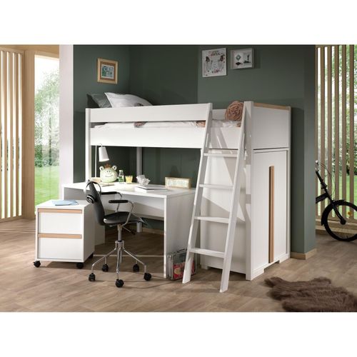 5420070238373 - LONDON Hochbett Set best aus Hochbett mit Liegefläche 90 x 200 cm Schreibtisch Rollcontainer und Wäscheschrank Ausf Weiß Absatz Buche natur massiv