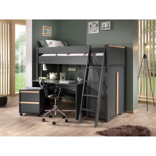 5420070238526 - LONDON Hochbett Set best aus Hochbett mit Liegefläche 90 x 200 cm Schreibtisch Rollcontainer und Wäscheschrank Ausf Anthrazit Absatz Buche natur massiv