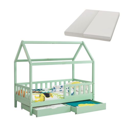 4260565527794 - Kinderbett Marli 90 x 200 cm mit Matratze Bettkasten Rausfallschutz Lattenrost & Dach - Massivholz Hausbett für Kinder - Bett in Mint 4260565527794 - Kinderbett Marli 90 x 200 cm mit Matratze Bettkasten Rausfallschutz Lattenrost & Dach - Massivholz Hausbett für Kinder - Bett in Mint