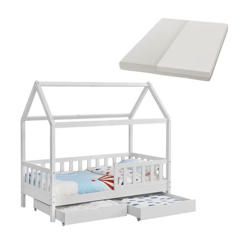 4260565527763 - Kinderbett Marli 90 x 200 cm mit Matratze Bettkasten Rausfallschutz Lattenrost & Dach - Massivholz Hausbett für Kinder - Bett in Weiß 4260565527763 - Kinderbett Marli 90 x 200 cm mit Matratze Bettkasten Rausfallschutz Lattenrost & Dach - Massivholz Hausbett für Kinder - Bett in Weiß