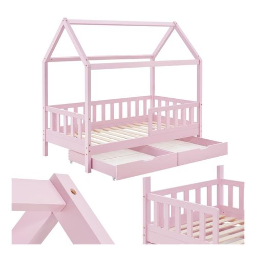 4260565527558 - Kinderbett Marli 90 x 200 cm mit Bettkasten 2-teilig Rausfallschutz Lattenrost & Dach - Massivholz Hausbett für Kinder - Bett in Rosa 4260565527558 - Kinderbett Marli 90 x 200 cm mit Bettkasten 2-teilig Rausfallschutz Lattenrost & Dach - Massivholz Hausbett für Kinder - Bett in Rosa