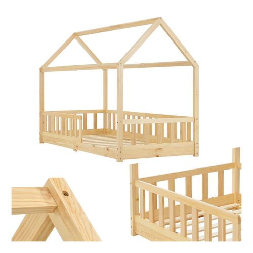 4260565527503 - Kinderbett Marli 90 x 200 cm mit Rausfallschutz Lattenrost und Dach - Massivholz Hausbett für Kinder - Bett in Natur - Juskys