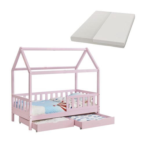 4260565527787 - Kinderbett Marli 90 x 200 cm mit Matratze Bettkasten Rausfallschutz Lattenrost & Dach - Massivholz Hausbett für Kinder - Bett in Rosa - Juskys 4260565527787 - Kinderbett Marli 90 x 200 cm mit Matratze Bettkasten Rausfallschutz Lattenrost & Dach - Massivholz Hausbett für Kinder - Bett in Rosa - Juskys