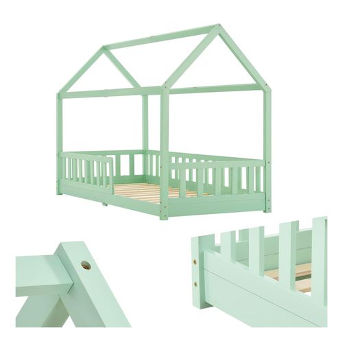 4260565527527 - Kinderbett Marli 90 x 200 cm mit Rausfallschutz Lattenrost und Dach - Massivholz Hausbett für Kinder - Bett in Mint - Juskys