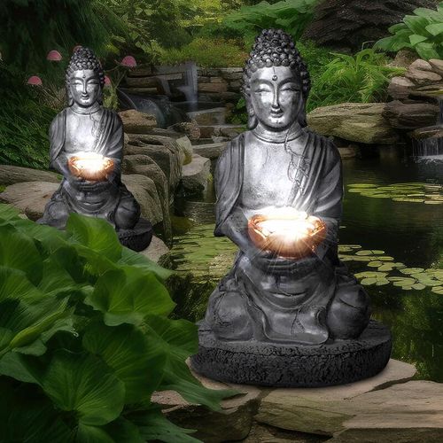 9007371461066 - - Solarleuchte Buddha Gartendeko Feng Shui Buddha Solarlampe grau 1x 006 Watt DxH 18x28 cm 2er Set