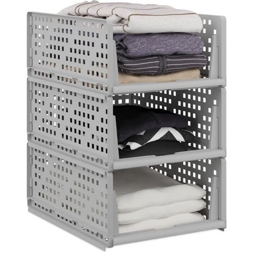 4052025869557 - Relaxdays Schrank Organizer 3er Set stapelbare Kleiderschrank Aufbewahrungsboxen 18 x 335 x 435 cm ausziehbar grau