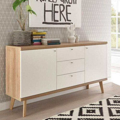 4251581524904 - Wohnzimmer Sideboard MAINZ-61 Retro skandinavisch weiß matt mit Eiche Riviera Nb b h t ca 160x83x40cm - braun