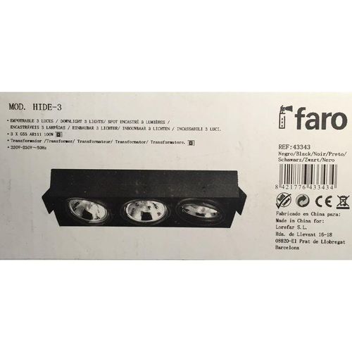 8421776433434 - Faro Barcelona - Faro 43343 - hide 3 Einbaustrahler 3 Lichter - G53 AR111 100W - Schwarz