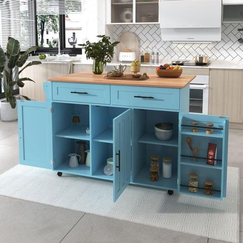 4931279628342 - Redom - Großer Esszimmerwagen Sideboard 129 x 46 (71) x 915 cm Arbeitsplatte mit Massivholzmaserung + blauer