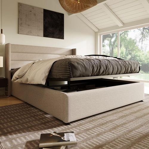 0704771519500 - QHJ - Stauraumbett Polsterbett Hydraulisch Doppelbett 140x200cm Lattenrost aus Holz Bett mit Lattenrost aus Metallrahmen Leinen Beige