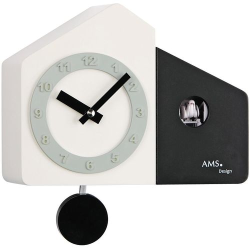 4037445150829 - Pendelwanduhr AMS W7397 schwarz-weiß (weiß schwarz) Wanduhren B H L 23cm x 10cm x 18cm QuarzuhrHolzgehäuseEsszimmerWohnzimmer