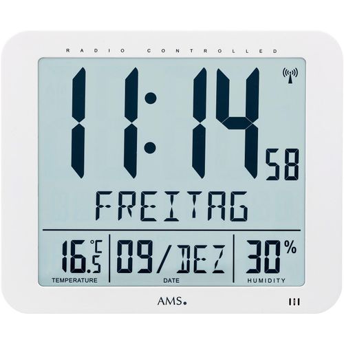 4037445153974 - Funkwanduhr AMS F5886 weiß Wanduhren B H L 25cm x 3cm x 21cm Quarzuhrmit AlarmDatumWohnzimmerEsszimmerKücheBüro Flur