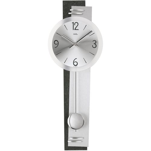 4037445137882 - Pendelwanduhr AMS W7255 silber (silberfarben schwarz) Wanduhren B H L 23cm x 7cm x 65cm QuarzuhrHolzgehäuseEsszimmerWohnzimmer