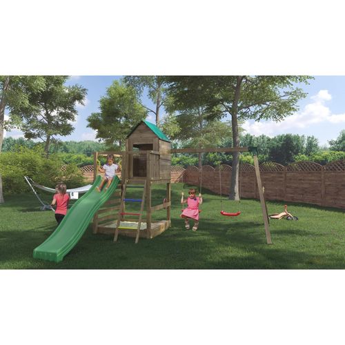 5902730330554 - Spielturm Jarcas 4 teak mit Doppelschaukel Rutsche Sandkasten Holzdach und Leiter - Fungoo 5902730330554 - Spielturm Jarcas 4 teak mit Doppelschaukel Rutsche Sandkasten Holzdach und Leiter - Fungoo