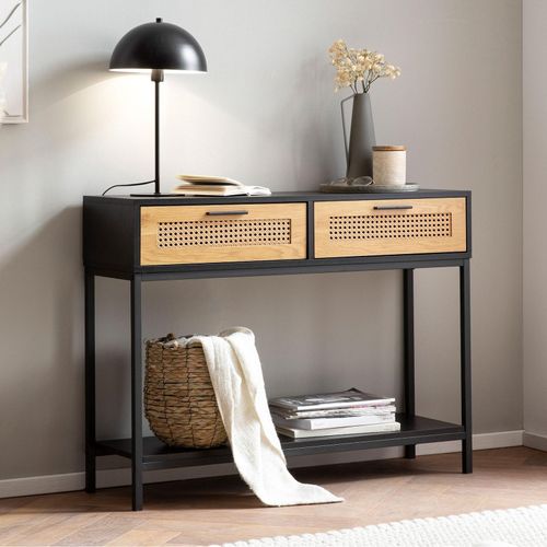 4251757720796 - Konsolentisch Schwarz 100x30x75 cm Design Anrichte Flur Ablagetisch Schmal mit Wiener Geflecht Flurtisch mit Schubladen und Ablage Dielentisch