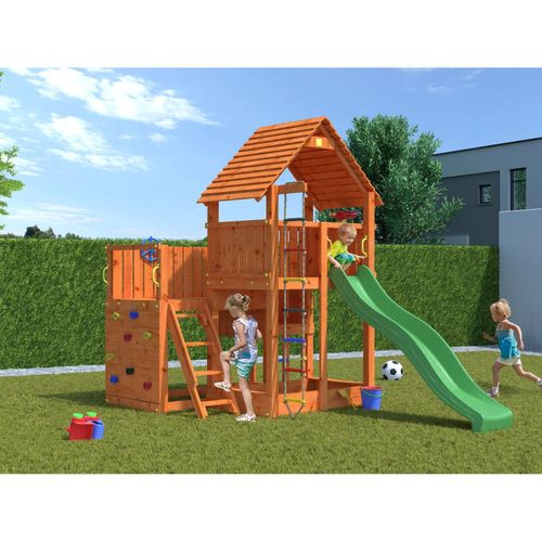 5902730330943 - Spielturm Big Leader teak mit Rutsche Leiter Kletterwand Holzdach Kletterseil und Sandkasten - Fungoo 5902730330943 - Spielturm Big Leader teak mit Rutsche Leiter Kletterwand Holzdach Kletterseil und Sandkasten - Fungoo