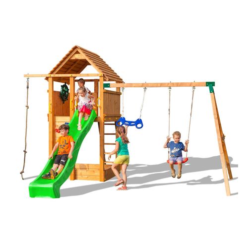 5902730330073 - Kibungi - Fungoo Spielturm Fortress Move+ teak mit Rutsche Kletterwand Leiter Holzdach und Doppelschaukel 5902730330073 - Kibungi - Fungoo Spielturm Fortress Move+ teak mit Rutsche Kletterwand Leiter Holzdach und Doppelschaukel