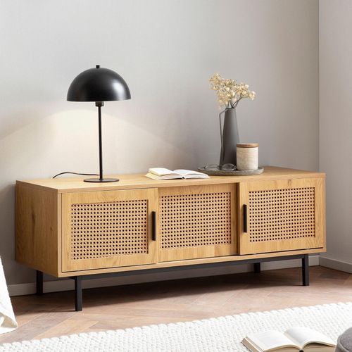 4251757720925 - Lowboard Eiche-Dekor mit Wiener Geflecht 120x455x40 cm TV-Kommode Zeitlos mit Schiebe-Türen Design TV-Schrank Hoch Fernsehtisch Fernsehschrank 4251757720925 - Lowboard Eiche-Dekor mit Wiener Geflecht 120x455x40 cm TV-Kommode Zeitlos mit Schiebe-Türen Design TV-Schrank Hoch Fernsehtisch Fernsehschrank