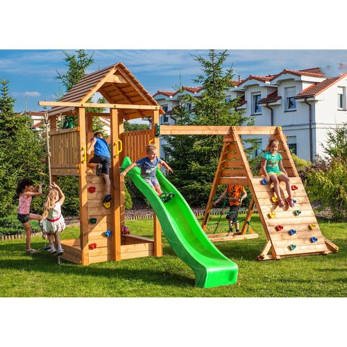 5902730330059 - Thegoodgarden - Fungoo Spielturm Fortress Spider+ teak mit Rutsche Holzdach Griffe Leiter Kletterturm und Schaukel 5902730330059 - Thegoodgarden - Fungoo Spielturm Fortress Spider+ teak mit Rutsche Holzdach Griffe Leiter Kletterturm und Schaukel