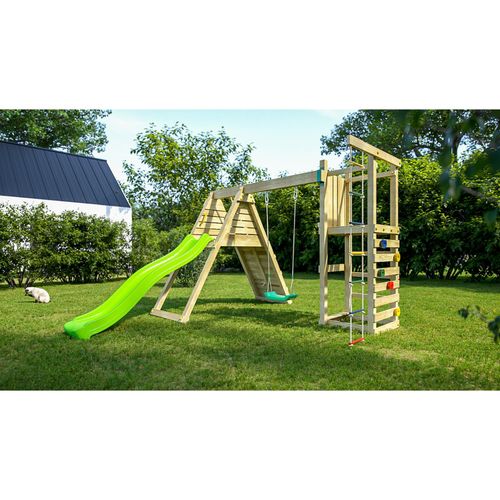 5902730330295 - Spielturm Climber teak mit Rutsche Einzelschaukel Kletterwand und Schaukelsitze - Fungoo