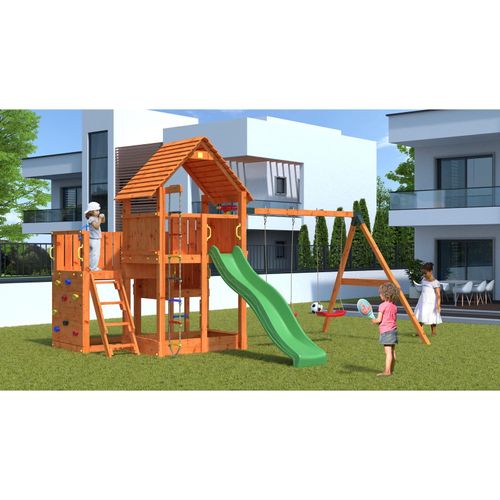 5902730330974 - Spielturm Big Leader Move Red teak mit Doppelschaukel Rutsche Kletterwand Holzdach und Sandkasten - Fungoo 5902730330974 - Spielturm Big Leader Move Red teak mit Doppelschaukel Rutsche Kletterwand Holzdach und Sandkasten - Fungoo