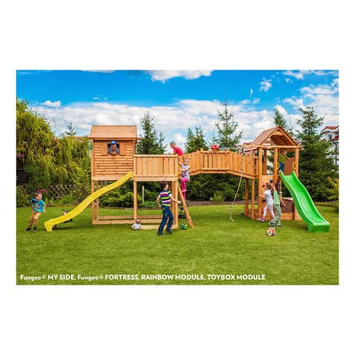 5902020527664 - Spielturm Maxi Set Sized Plaza My Side Fortress Toybox Rainbow teak mit 2x Rutschen 2x Spieltürmen Verbindungsbrücke Leiter Kletterseil und 5902020527664 - Spielturm Maxi Set Sized Plaza My Side Fortress Toybox Rainbow teak mit 2x Rutschen 2x Spieltürmen Verbindungsbrücke Leiter Kletterseil und