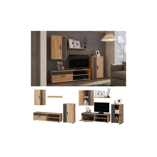 4066731370528 - Wohnwand Berno Eiche Anthrazit Schrankwand 4er-Set Wohnzimmer