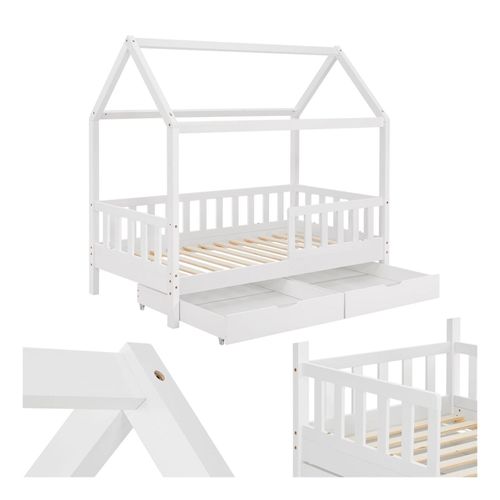 4260565527459 - Kinderbett Marli 80 x 160 cm mit Bettkasten 2-teilig Rausfallschutz Lattenrost & Dach - Massivholz Hausbett für Kinder - Bett in Weiß - Juskys 4260565527459 - Kinderbett Marli 80 x 160 cm mit Bettkasten 2-teilig Rausfallschutz Lattenrost & Dach - Massivholz Hausbett für Kinder - Bett in Weiß - Juskys