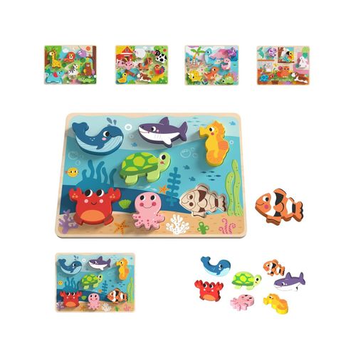 6972633374503 - Tooky Toy 3D Kinder Holz-Puzzle Tiere 8-teiliges Steckpuzzle ab 12 Monaten dunkelblau