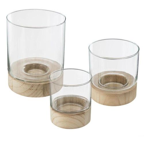 3560238331415 - Atmosphera Créateur Dintérieur - Teelichthalter-Set ete Glas mit Holzuntersetzern 3 Stück