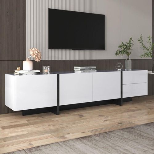 4051279628354 - Redom - TV-Schrank niedriges Sideboard mit glänzend weißen und schwarzen Blockbeinen mit Türen und Schubladen Türen mit Regalen Einfaches Design