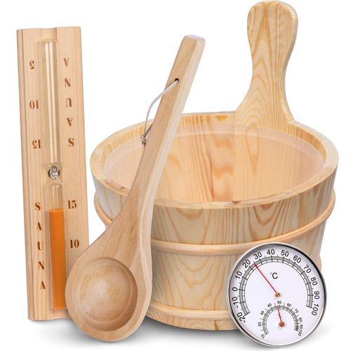 4260750014306 - holz4home® Saunazubehör mit Saunaeimer Saunakelle Sanduhr & Thermometer