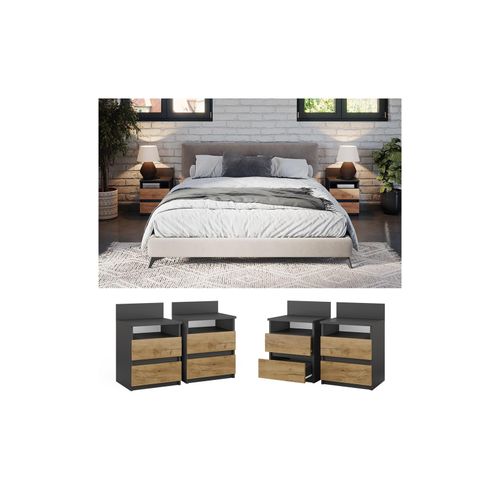 4066731326624 - Nachttisch 2er Set Monty 396 x 591 cm Anthrazit Eiche 2 Schubfächer