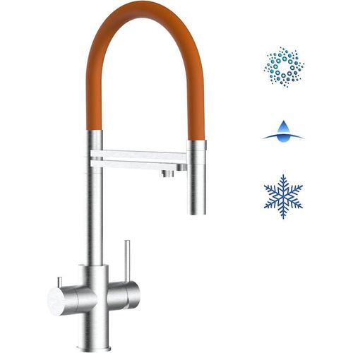 8055765123640 - 5 Wege Wasserhahn Edelstahl Massiv Kuechenarmatur mit Orange 360 schwenkbarem Auslauf und abnehmbare 2 strahl Handbrause - Edelstahl Gebuerstet