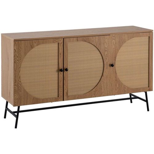 4251757723636 - Finebuy - Sideboard 140x80x39 cm Kommode Eiche-Dekor mit Rattan Geflecht Modern Hoher Kommodenschrank Standschrank mit 3 Türen Anrichte Wohnzimmer