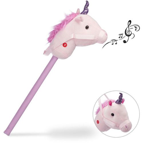 4052025238520 - Relaxdays - Steckenpferd Einhorn mit Sound aus Holz & Plüsch niedliches Stockpferd Wiehern & Hufgetrappel 74 cm rosa