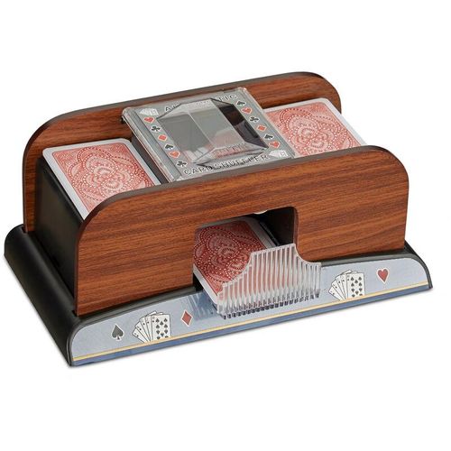 4052025213435 - Relaxdays - Kartenmischer elektrisch 2 Decks Kartenmischmaschine Holz Optik batteriebetrieben für Poker u Skat natur